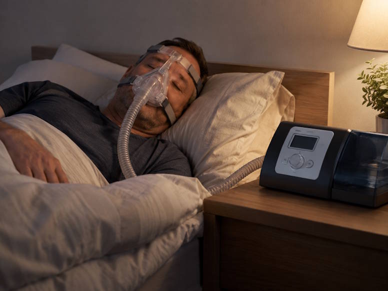 Man sleeping while wearing a CPAP mask connected by tubing to a bedside CPAP machine.