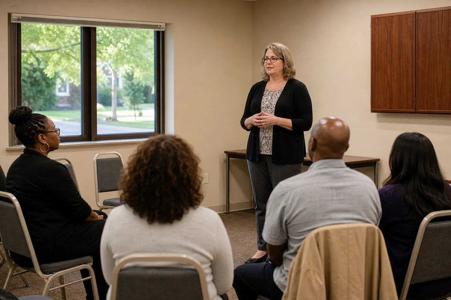 A mature woman stands and speaks with calm confidence in a modest Dayton community meeting room while a small group listens.