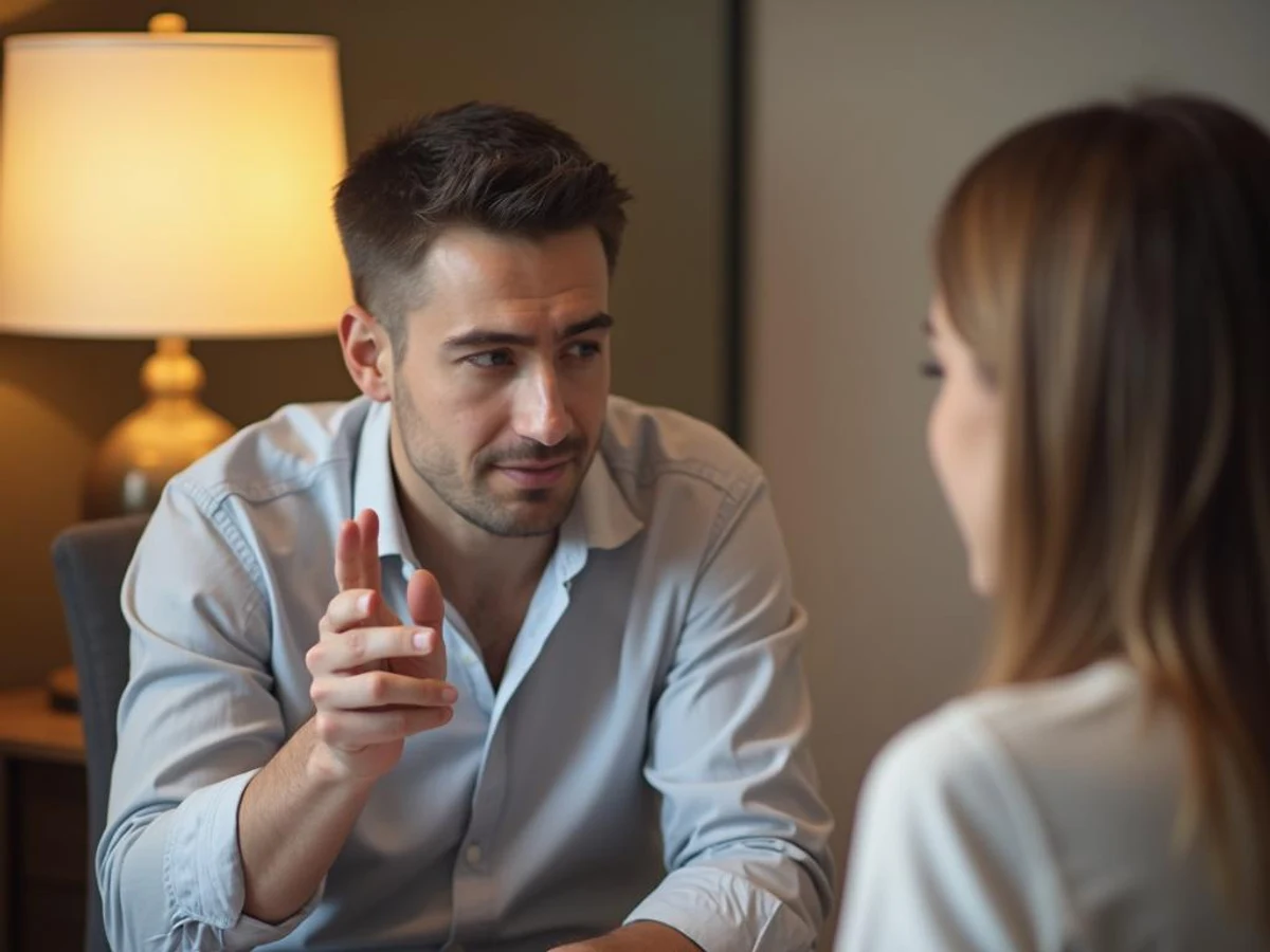 A practitioner and client having a calm consultation conversation about session goals, expectations, and next steps.