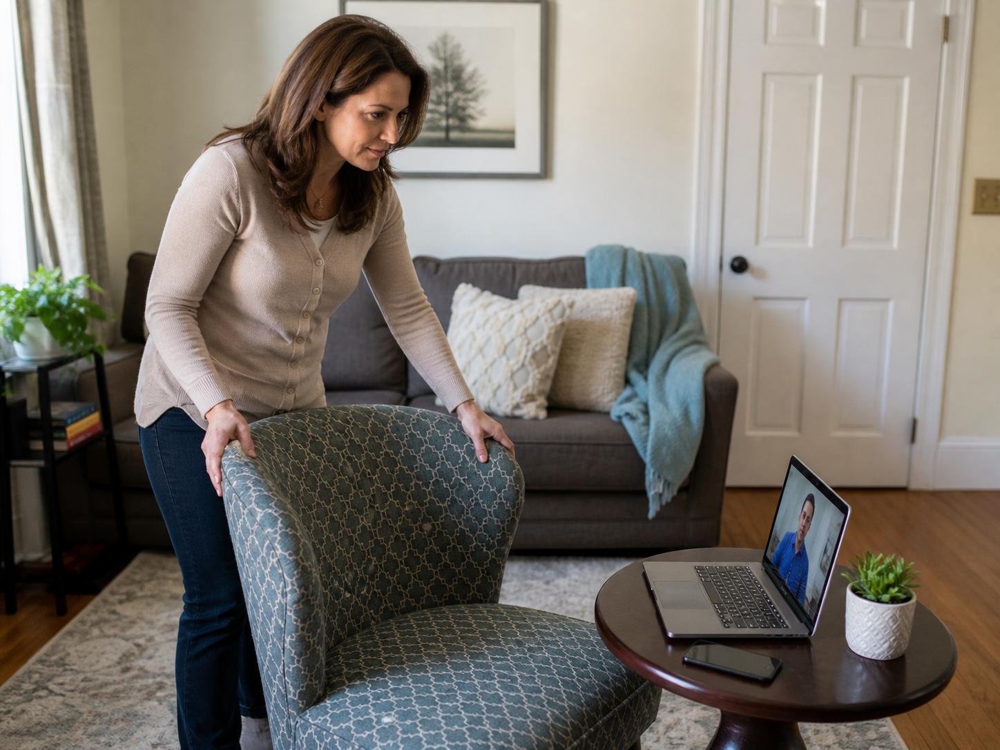 A person preparing a private home space for a virtual appointment